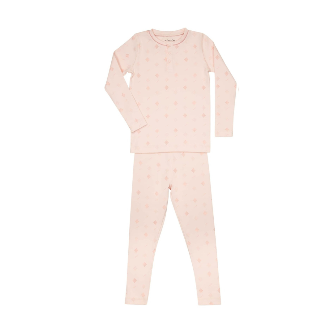 A front view of the Aime Child girls printed pajama set.