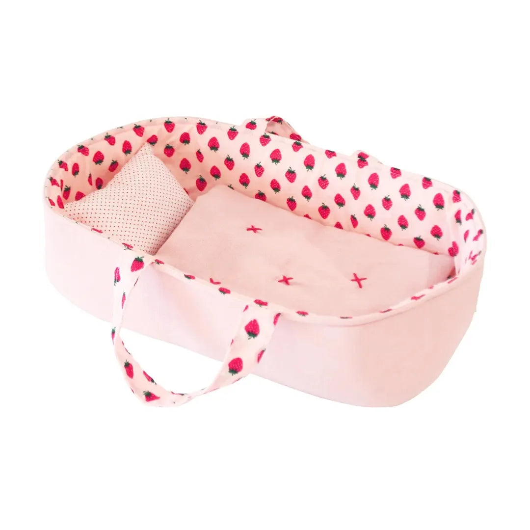 A flat-lay view of the Alimrose doll carrier set in strawberry.