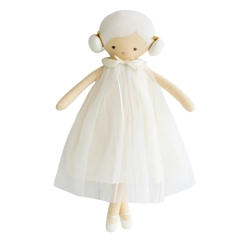 A front view of the 48cm Alimrose Lulu Doll wearing a linen and tulle dress.