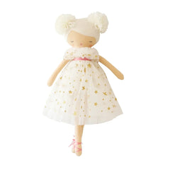A cute plush doll with a cream-colored dress decorated with gold stars, a pink waistband, and pink ballet-style shoes, set against a plain white background.