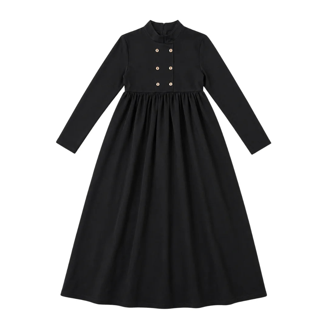 A front view of the Ann of Nan black double-breasted maxi children's robe coat.