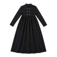A front view of the Ann of Nan black double-breasted maxi children's robe coat.
