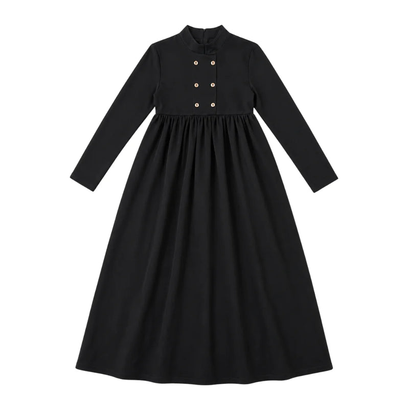 A front view of the Ann of Nan black double-breasted maxi children's robe coat.