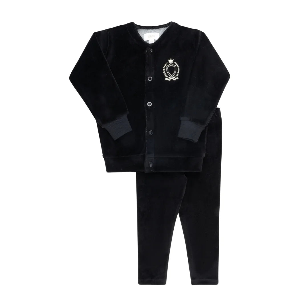 front view of the Aurora black metallic crest luxury children's lounge set.
