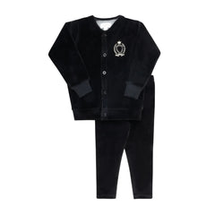 front view of the Aurora black metallic crest luxury children's lounge set.
