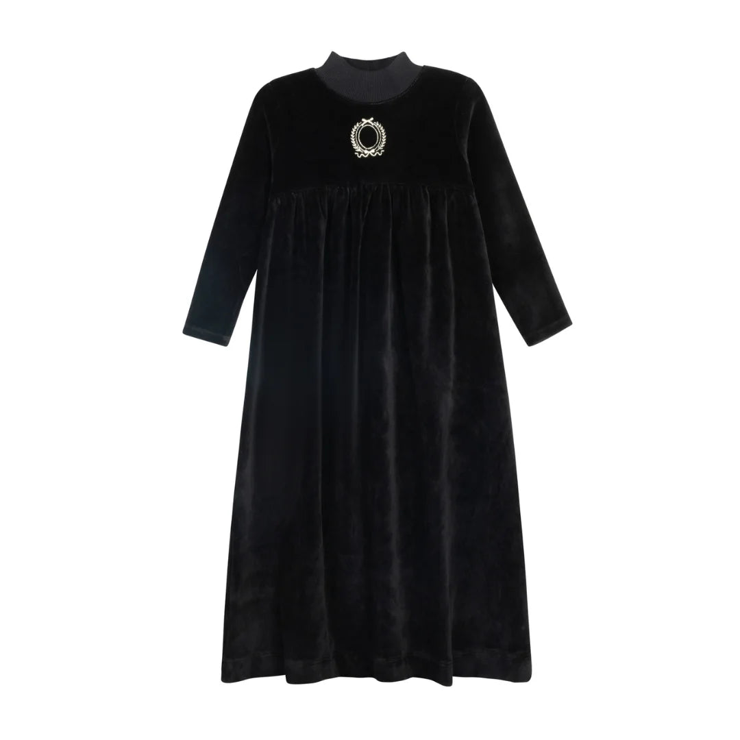 front view of the Aurora black metallic crest luxury children's robe.