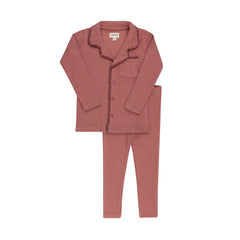 A front view of the Aurora pink whipstitch pajama set for children.