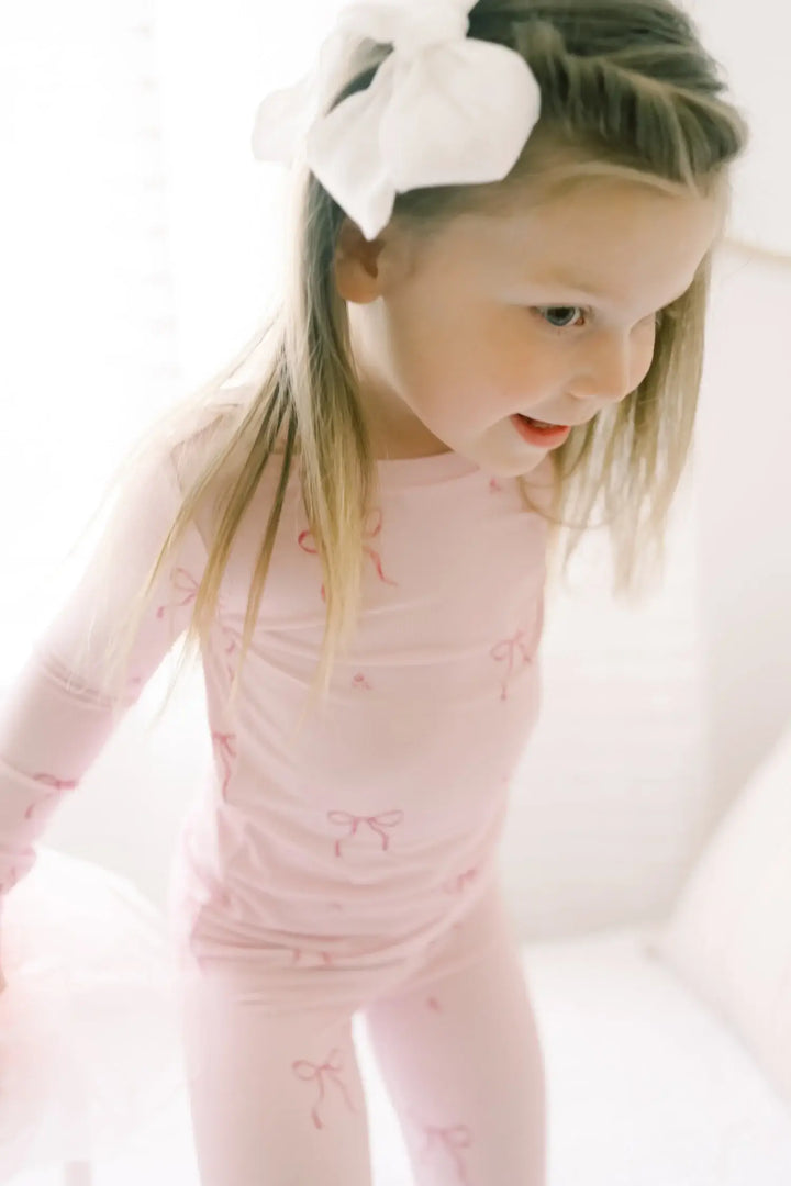 Dreamy Skies Baby - Ribbed Bamboo Two Piece Pj Sets in Pink Bows: 4T