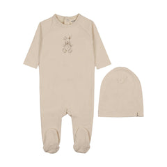 Mema Knits Beige Vintage Bunny Print Footie + Beanie