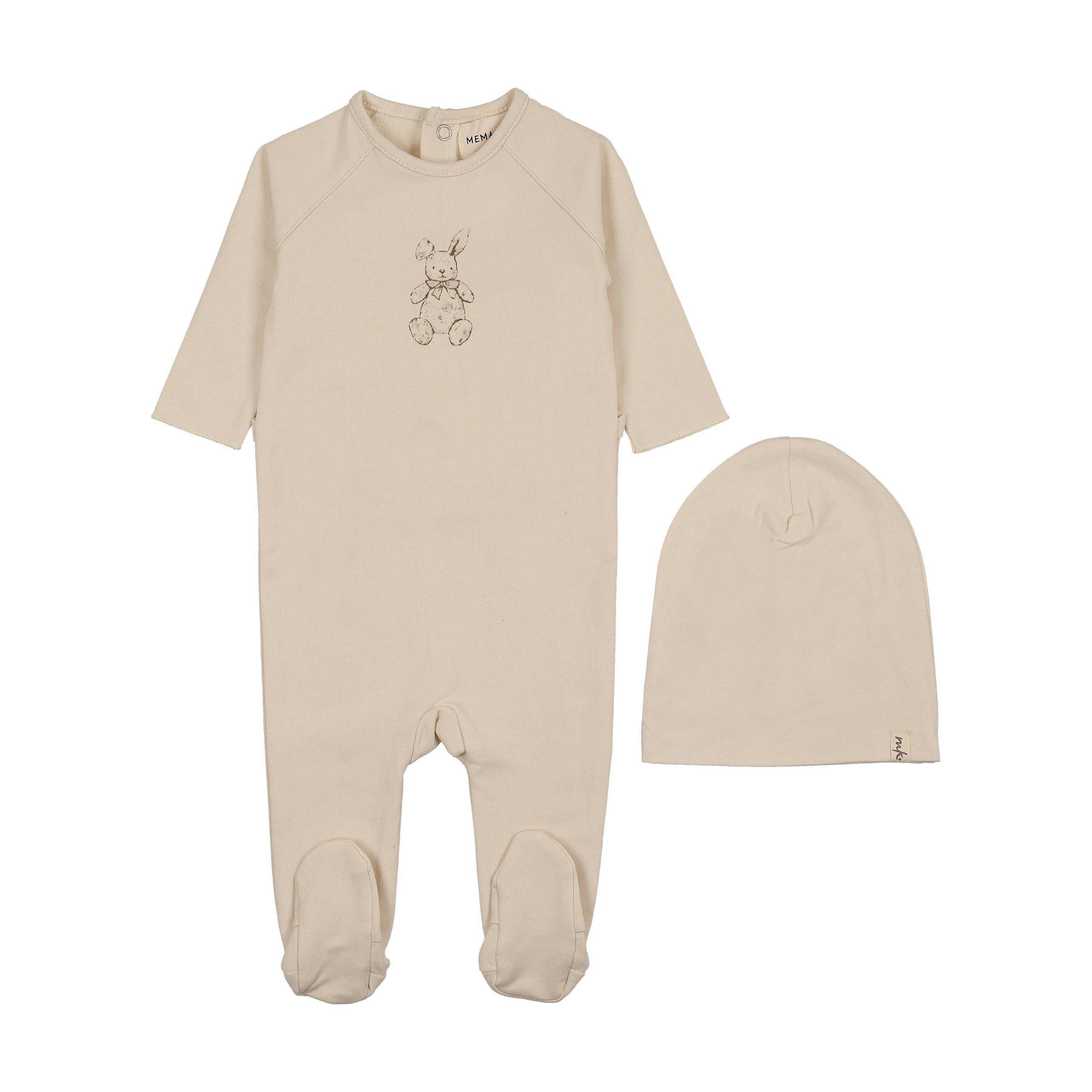 Mema Knits Beige Vintage Bunny Print Footie + Beanie