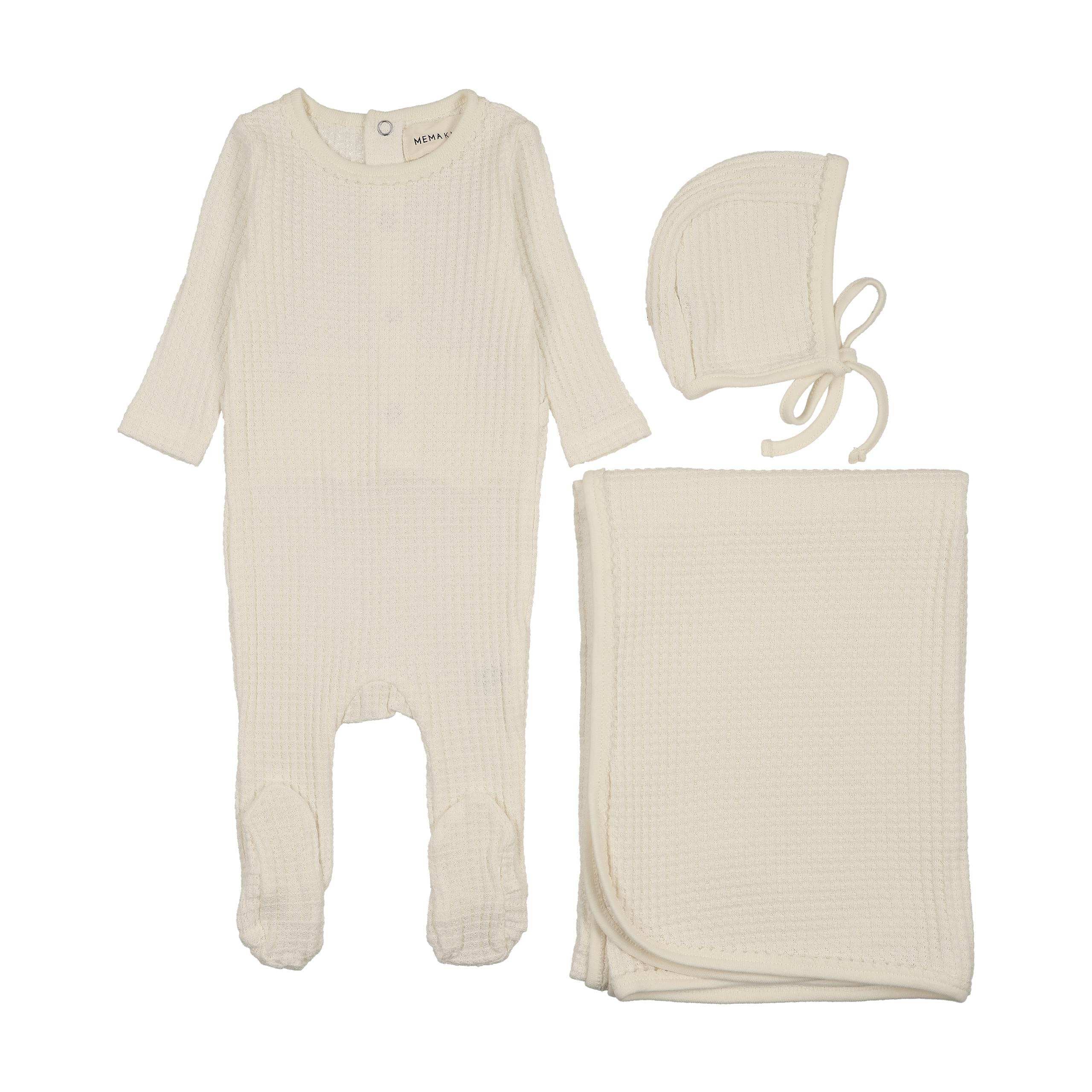 Mema Knits – Picot Edge Honeycomb Waffle 3-Piece Set | Ivory