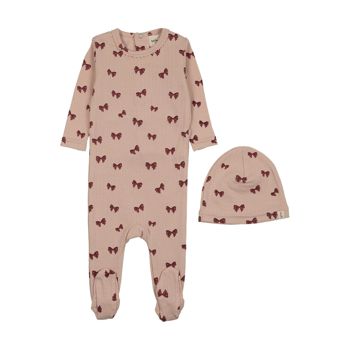 Mema Knits Burgundy Bow Printed Footie + Beanie