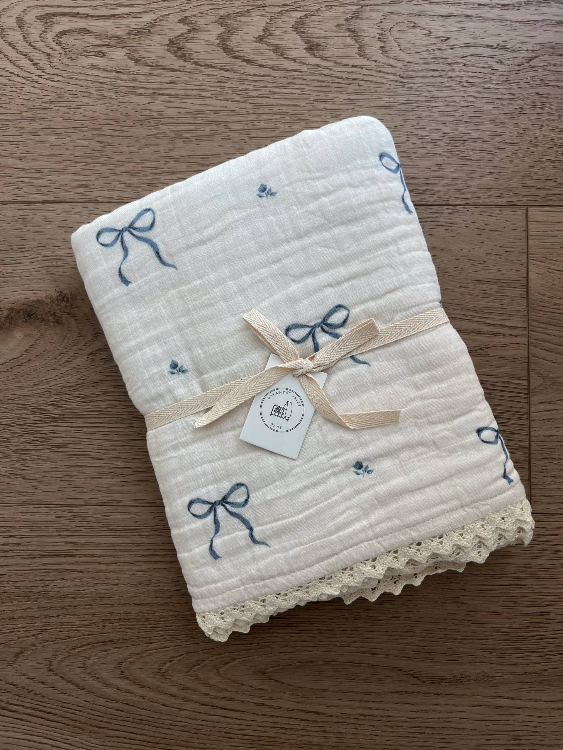 Dreamy Skies Baby - Blue Bows 6 Layer Gauze Blanket