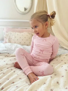 Dreamy Skies Baby - Ribbed Bamboo Two Piece Pj Sets in Pink Bows: 4T