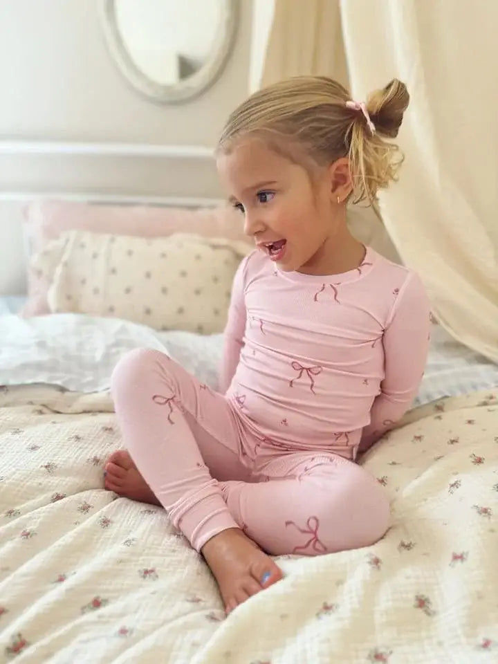 Dreamy Skies Baby - Ribbed Bamboo Two Piece Pj Sets in Pink Bows: 3T