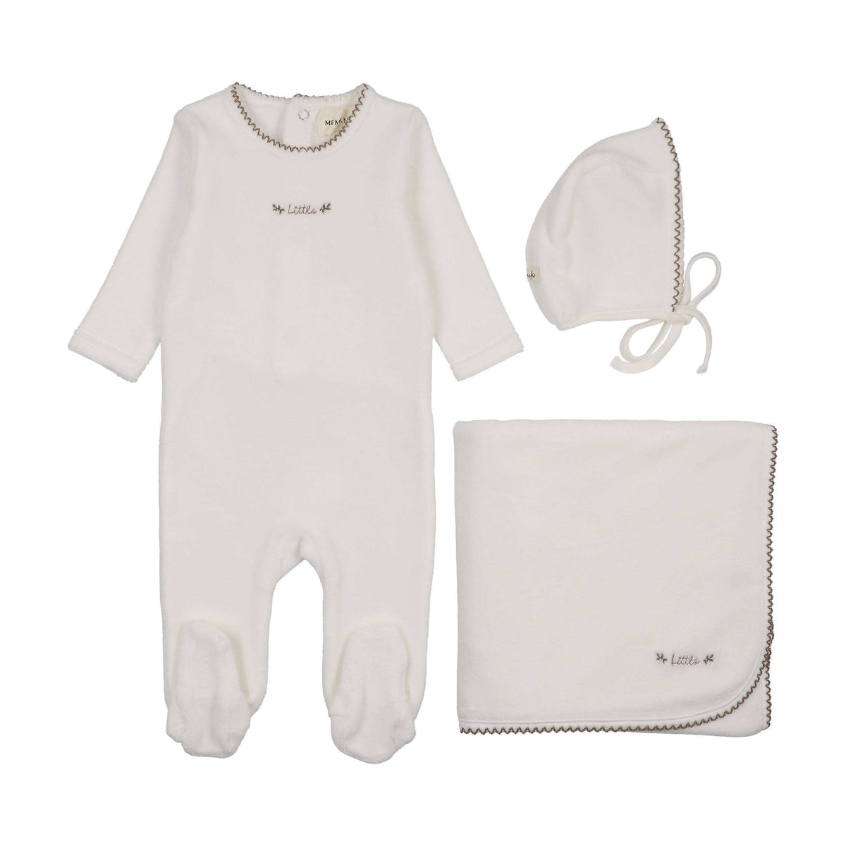 Mema Knits Winter White Velour Embroidered 3 Pc Set