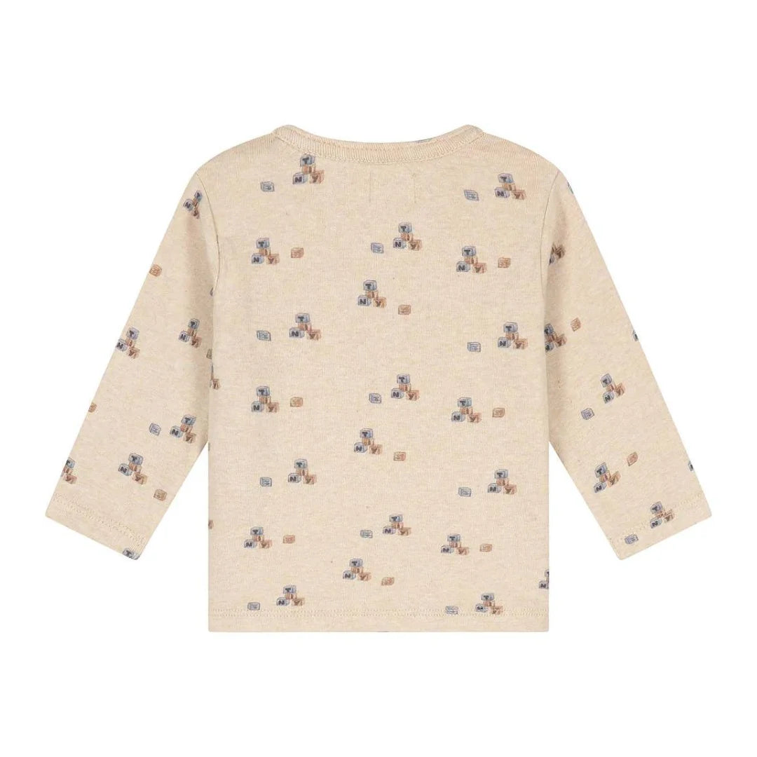 A long-sleeve baby t-shirt in cream heather with a small repeating pattern of teddy bears and blocks, shown from the back on a white background.