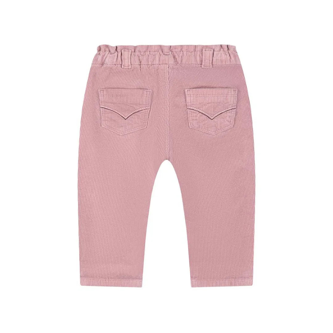 Pink corduroy pants for toddlers, shown from the back with an elastic waistband and two back pockets, on a solid white background.