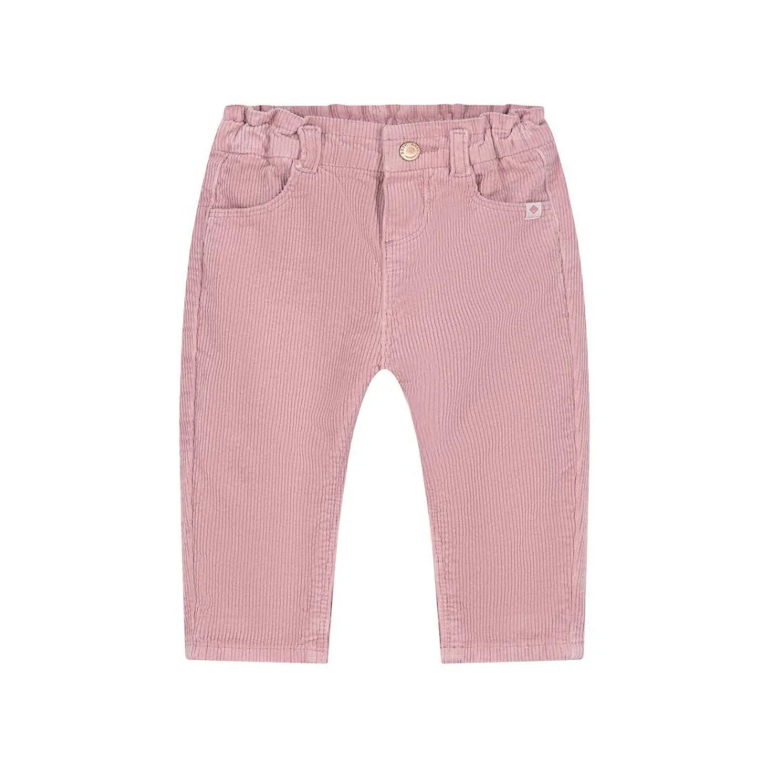 A pair of toddler's pink corduroy pants with a button closure, belt loops, and front pockets, shown flat on a white background.