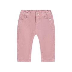 A pair of toddler's pink corduroy pants with a button closure, belt loops, and front pockets, shown flat on a white background.