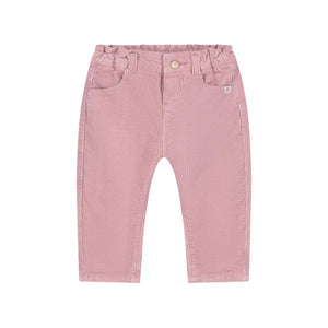 A pair of toddler's pink corduroy pants with a button closure, belt loops, and front pockets, shown flat on a white background.