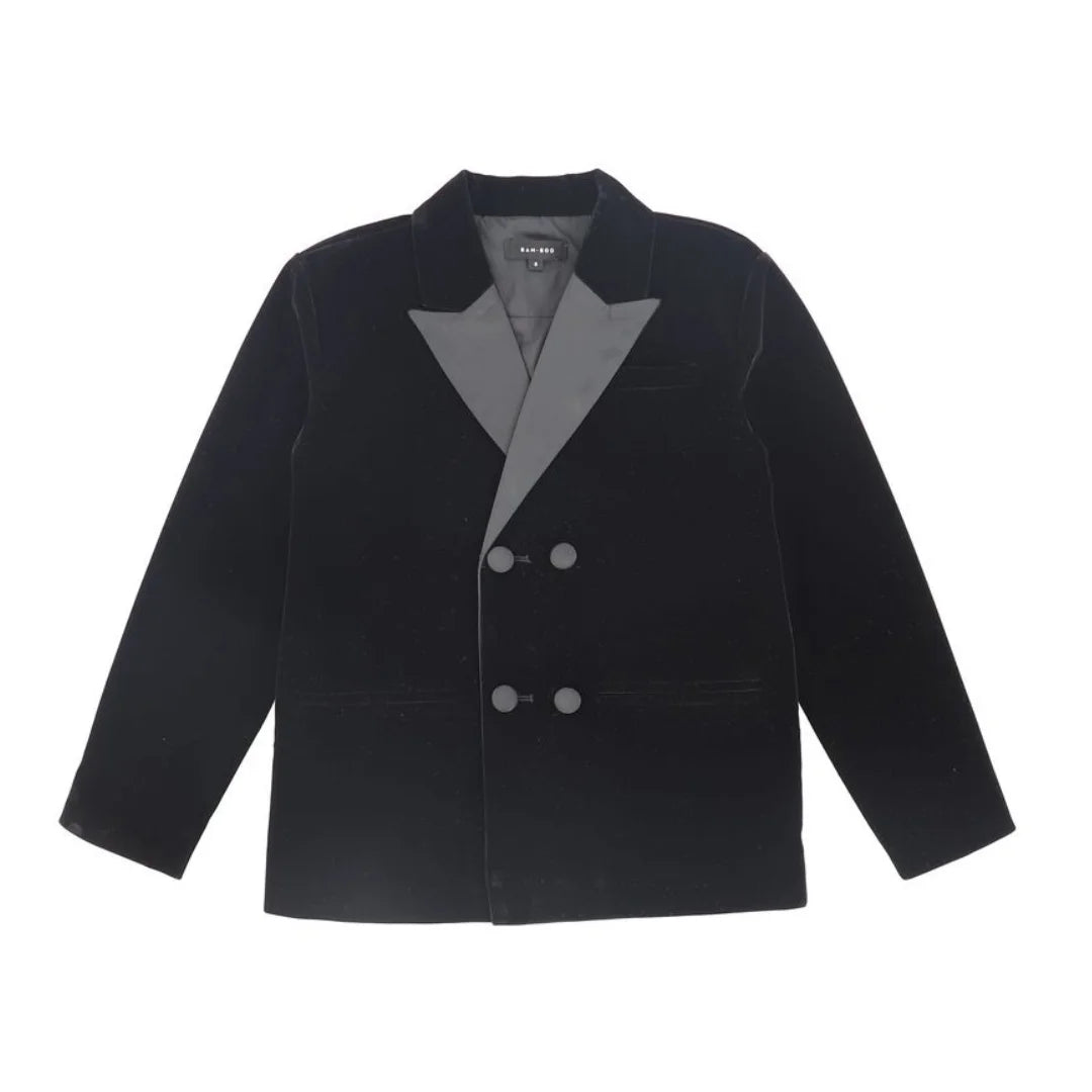 A front view of the Bamboo velvet and taffeta children's blazer.