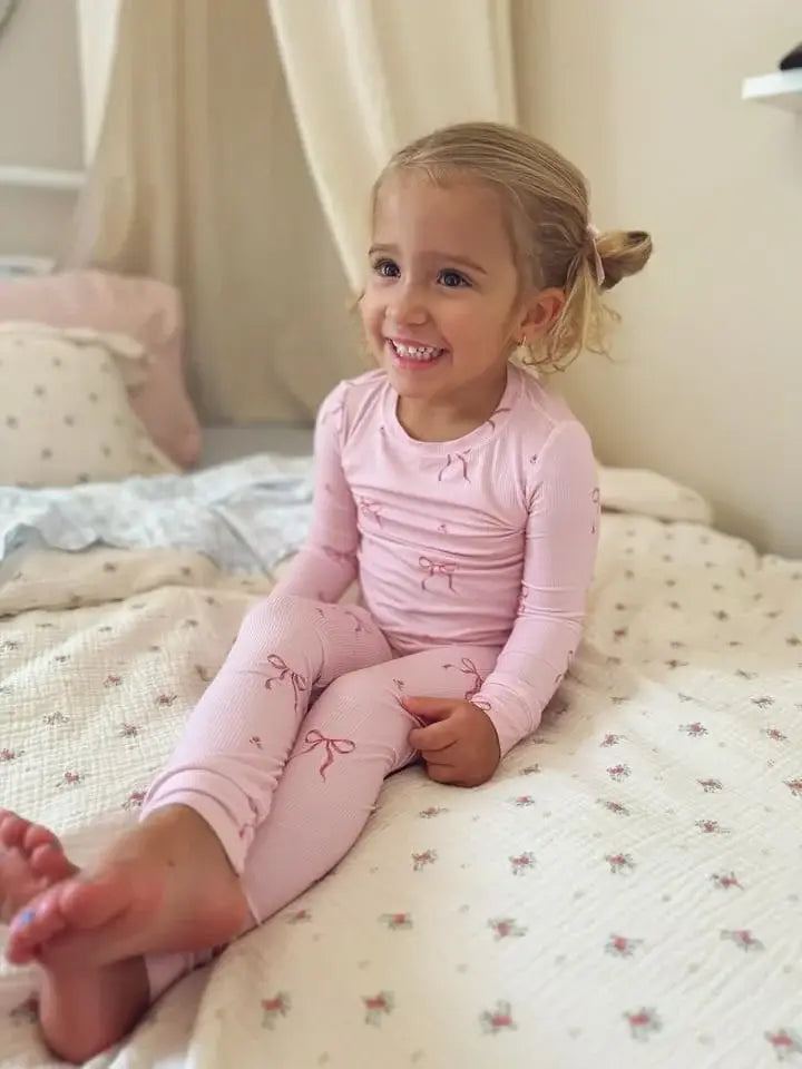 Dreamy Skies Baby - Ribbed Bamboo Two Piece Pj Sets in Pink Bows: 4T