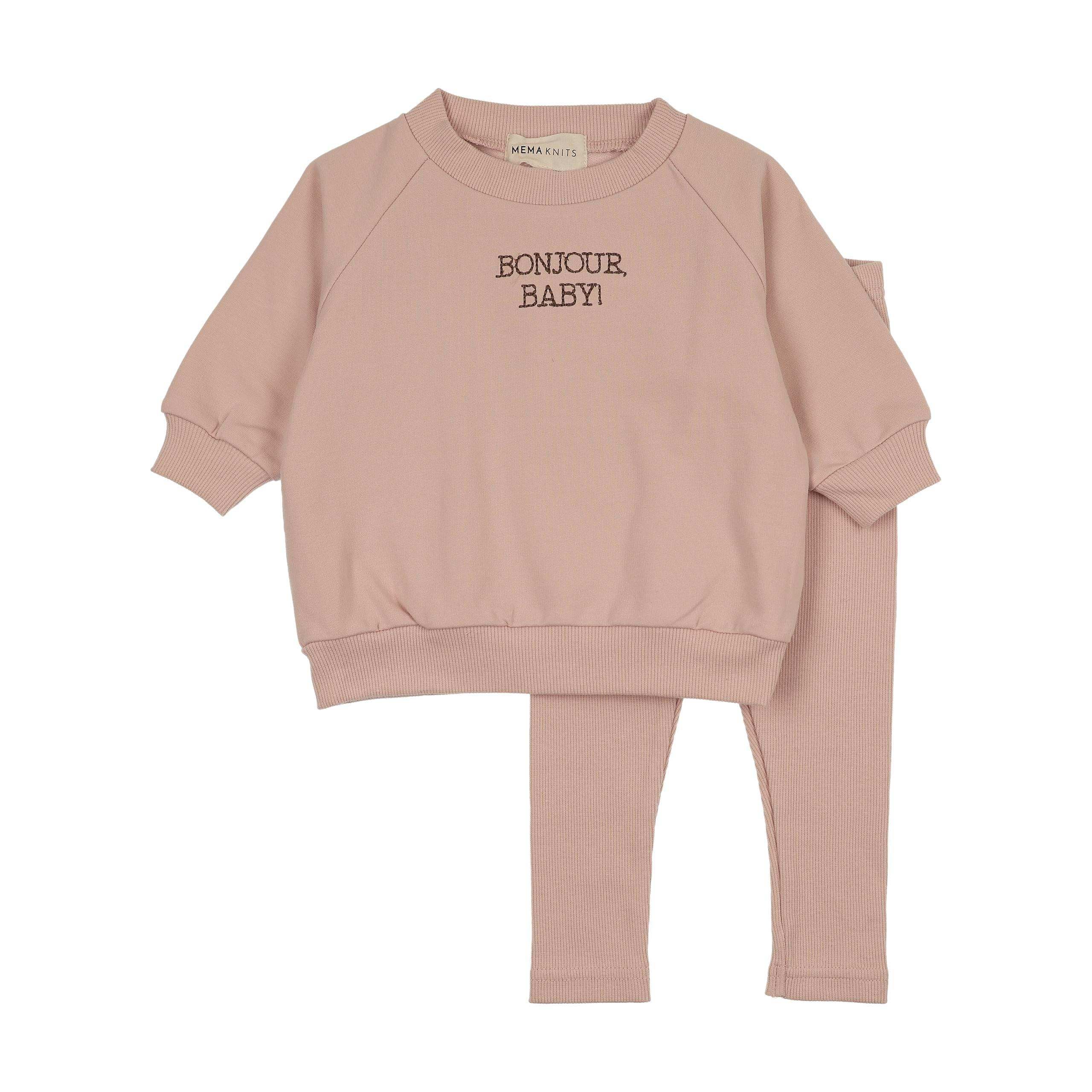 Mema Knits – Bonjour Baby Stitched Sweatshirt Set | Pale Rose