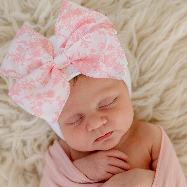 Pink Toile Floral Bow White Hospital Hat 0-3m