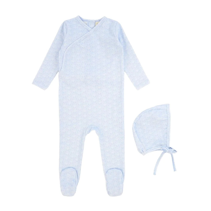 A front view of the Bebe Jolee blue floral wrap footie for newborns.