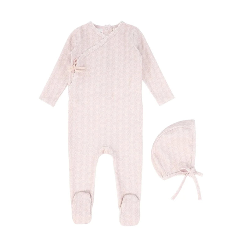 A front view of the Bebe Jolee pink floral wrap footie for newborns.