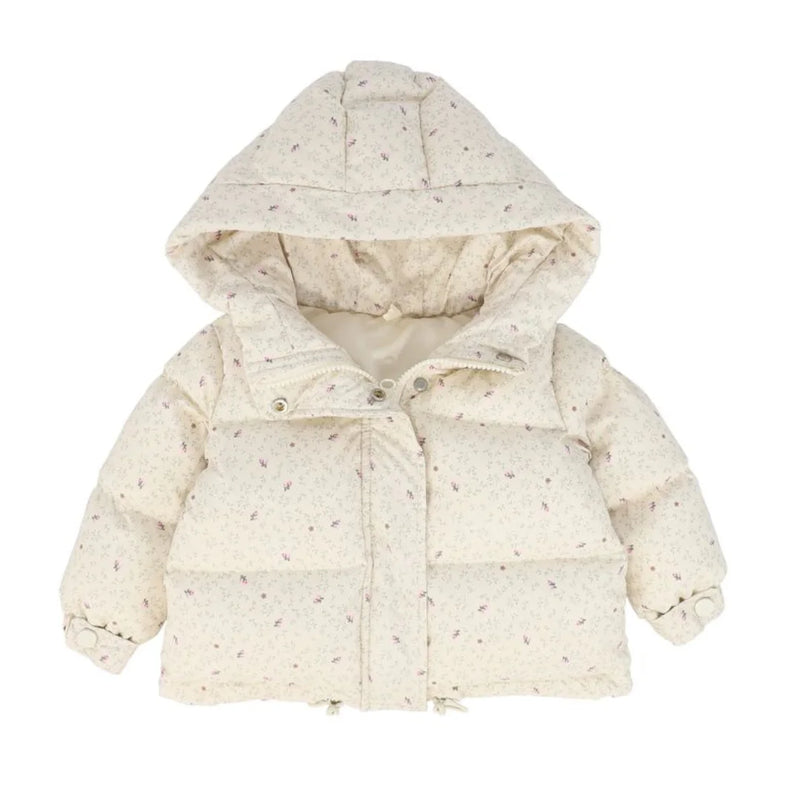 A front view of the Bebe Jolee floral baby puffer jacket.
