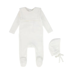 A front view of the Bebe Jolee white velour footie with a bib collar for newborns.