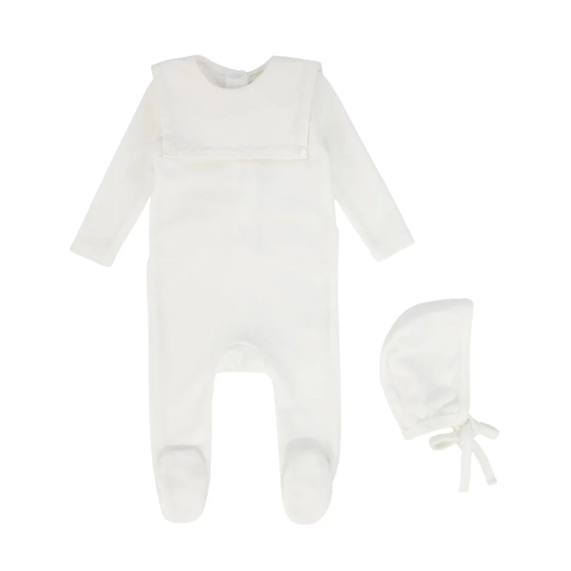 A front view of the Bebe Jolee white velour footie with a bib collar for newborns.