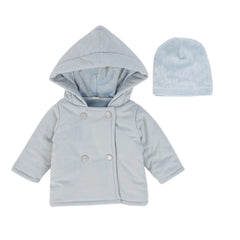 A front view of the Bebe Jolee blue velour button jacket for babies.