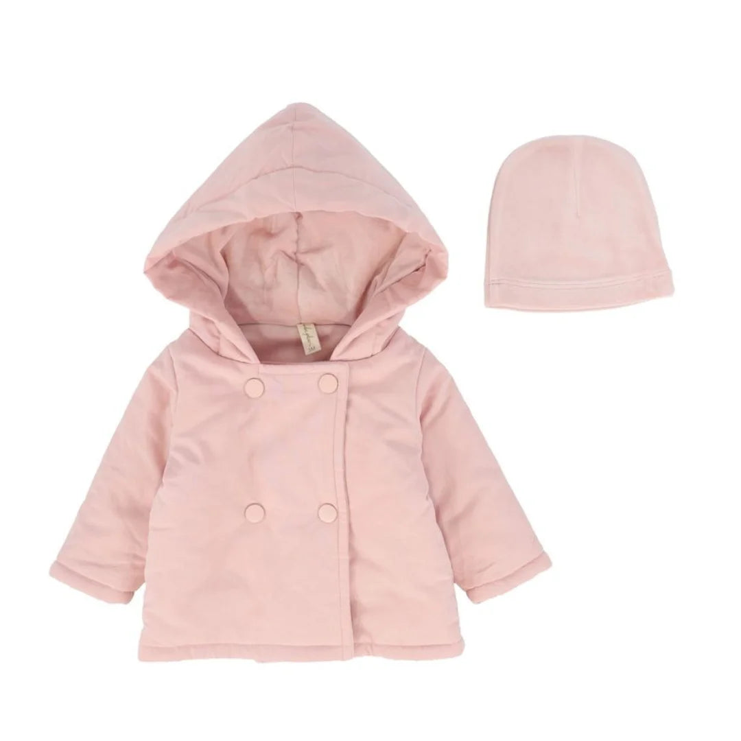 A front view of the Bebe Jolee pink velour button jacket for babies.