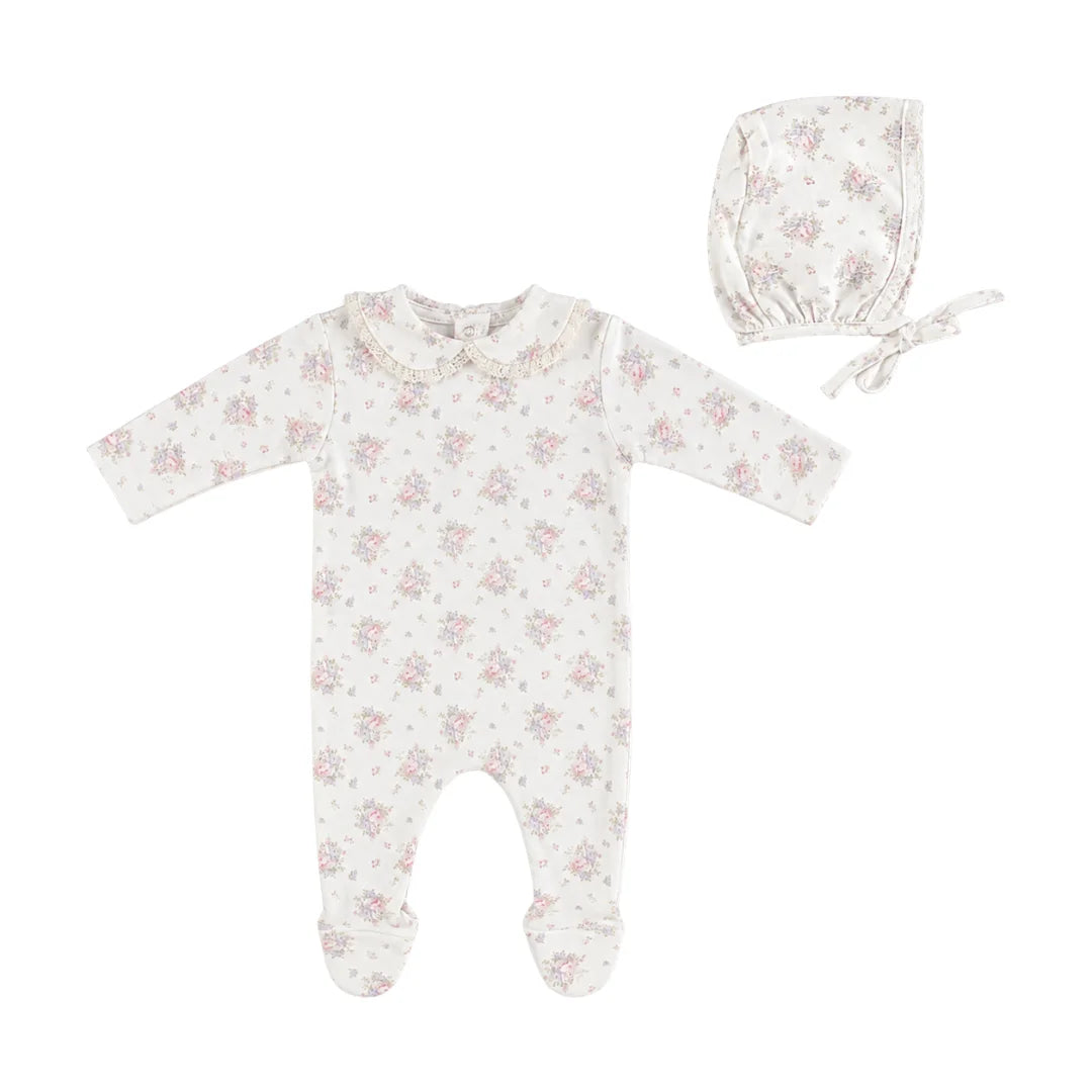 A front view of the Bebe Organic Amora Blooms newborn collar footie and bonnet set.