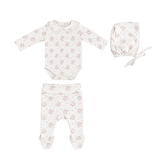 A front view of the Bebe Organic Amora Blooms newborn onesie, legging, and bonnet set.