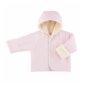A high-resolution close-up of the organic cotton yarn and pink leaves knit design.