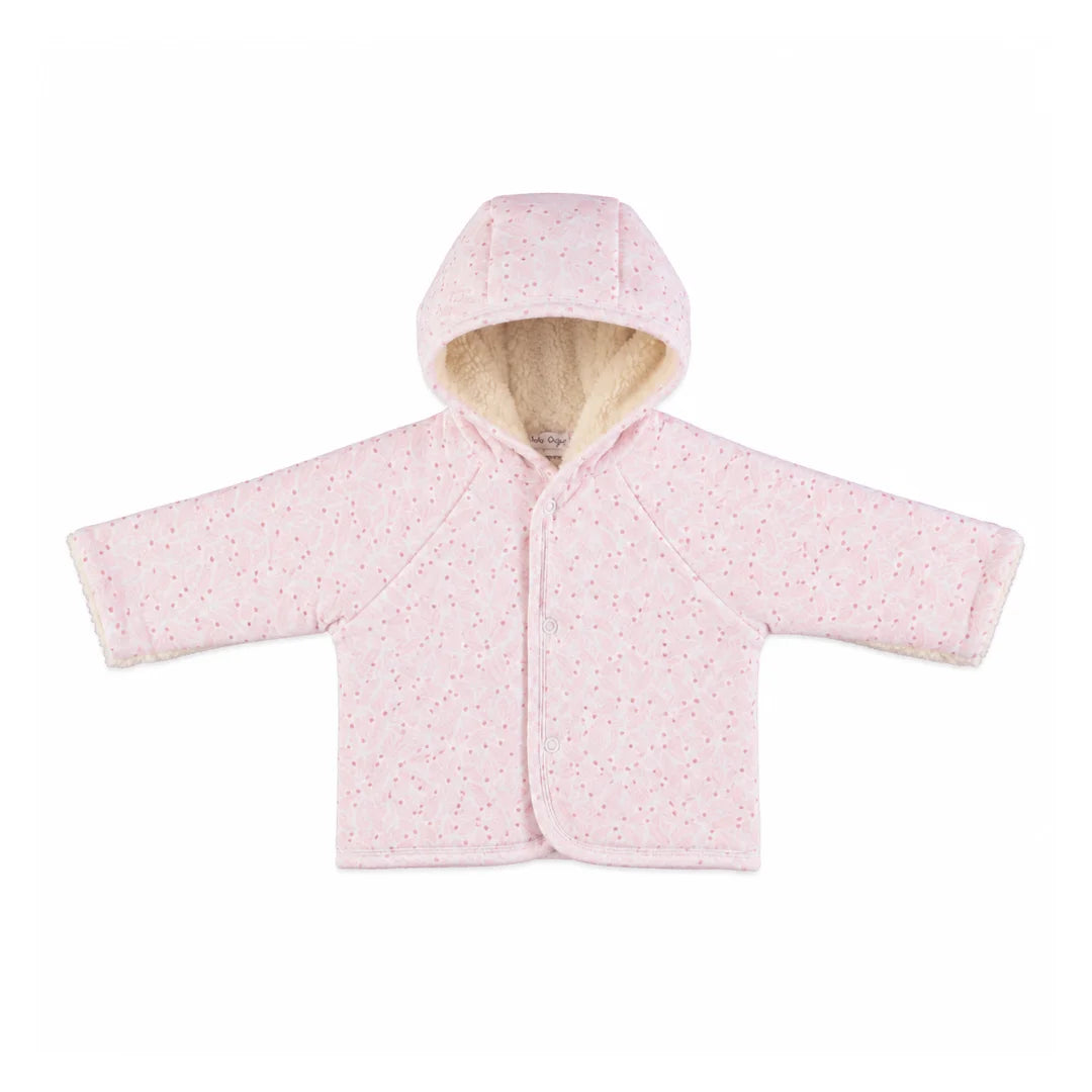 A front view of the Bebe Organic Idra pink leaves organic cotton baby jacket.