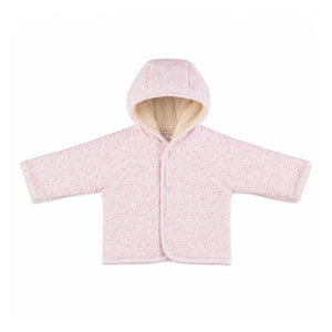 A front view of the Bebe Organic Idra pink leaves organic cotton baby jacket.