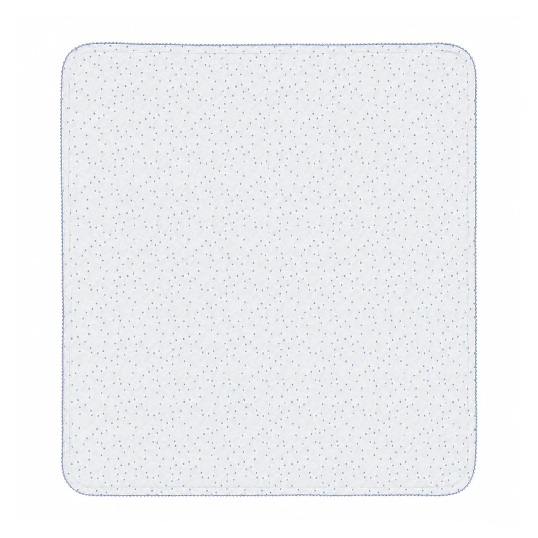 A front view of the Bebe Organic Iver blue leaves organic cotton baby blanket.
