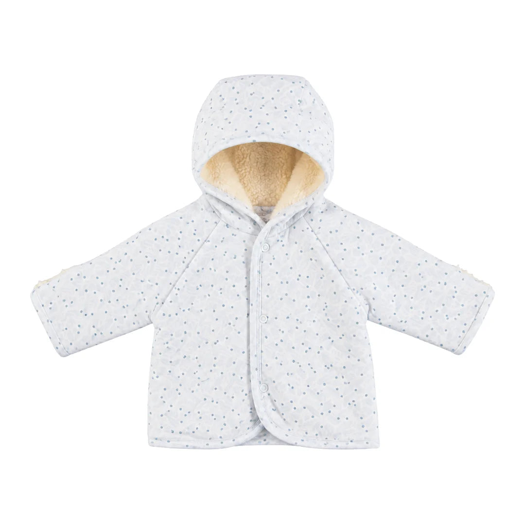 A front view of the Bebe Organic Iver blue leaves organic cotton baby jacket.