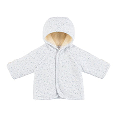 A front view of the Bebe Organic Iver blue leaves organic cotton baby jacket.