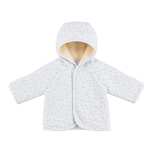 A front view of the Bebe Organic Iver blue leaves organic cotton baby jacket.