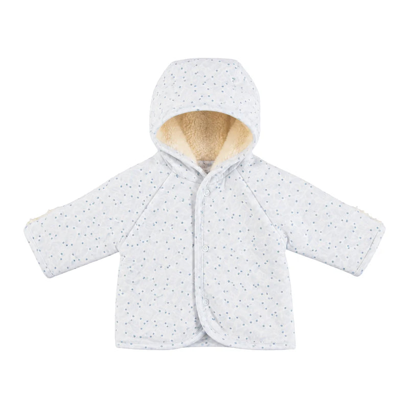 A front view of the Bebe Organic Iver blue leaves organic cotton baby jacket.