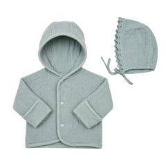 front view of the Bebe Organic atlantic blue chenille baby jacket and matching bonnet.