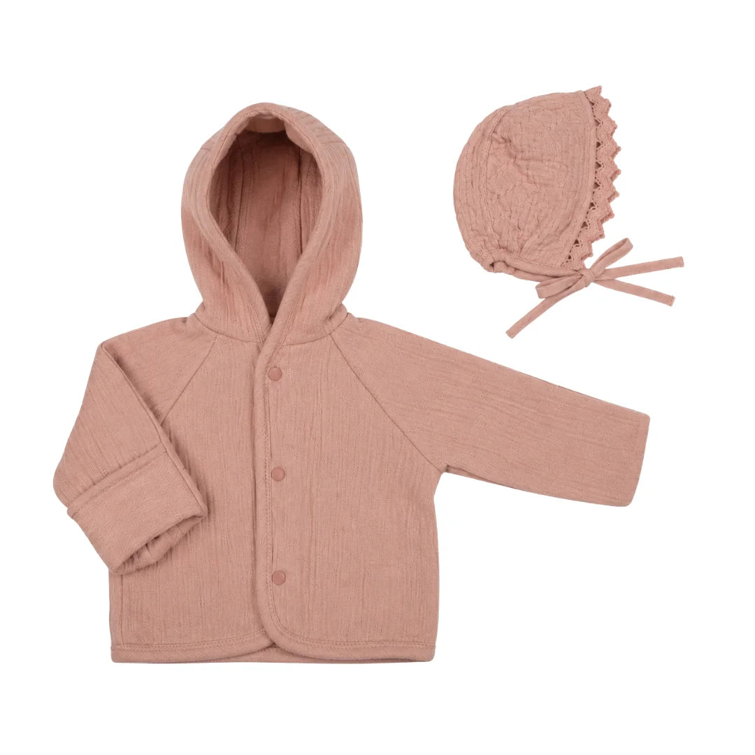 front view of the Bebe Organic dusty rose chenille baby jacket and matching bonnet.