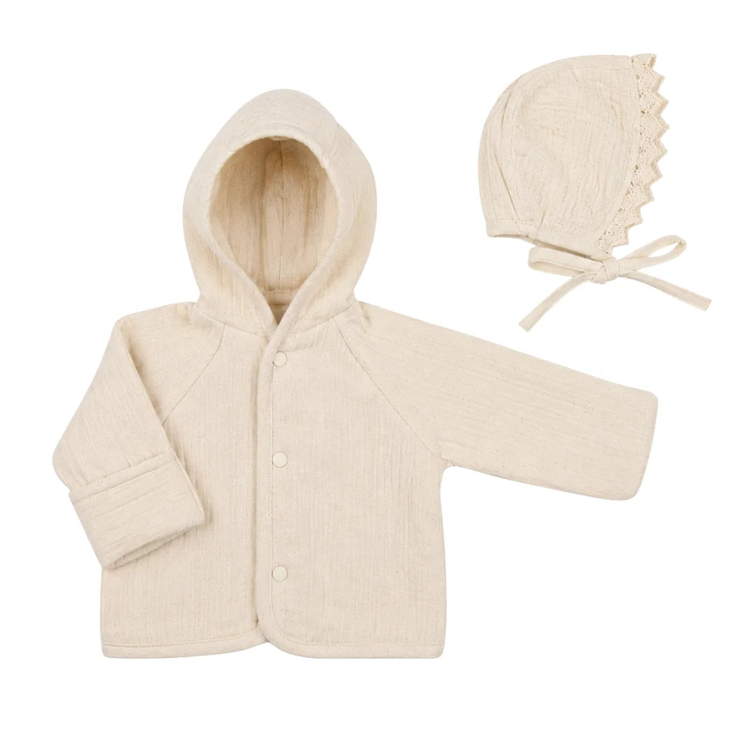front view of the Bebe Organic natural chenille baby jacket and matching bonnet.