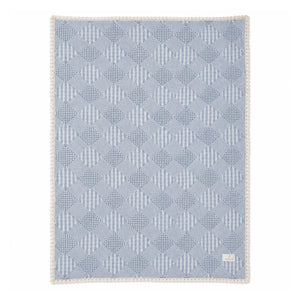 A front view of the Bebe Organic blue plaid patchwork organic cotton baby blanket.